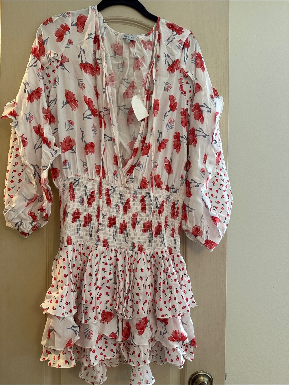 NWT - Blue Life White Dress with Red Floral Print